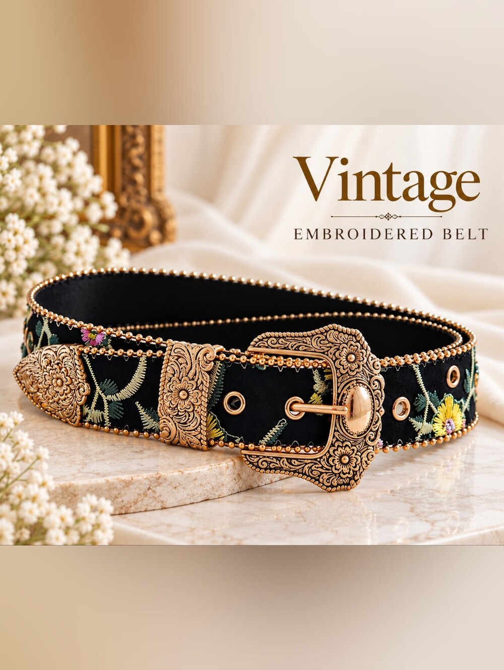 Vintage Floral Embroidered Western Boho Belt – Like New